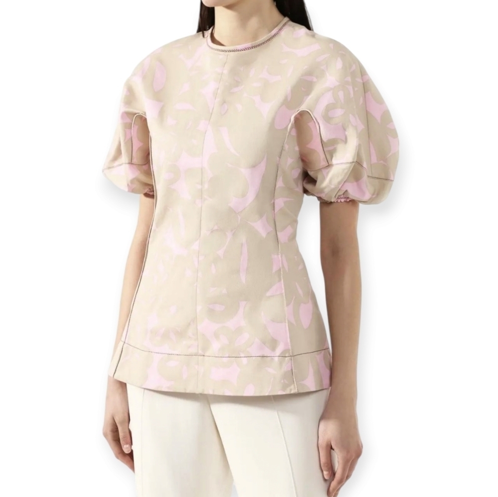 Marni Resort 2019 Cotton and Linen Blouse Balloon Sleeves Tan Pink 40 IT | 4 US